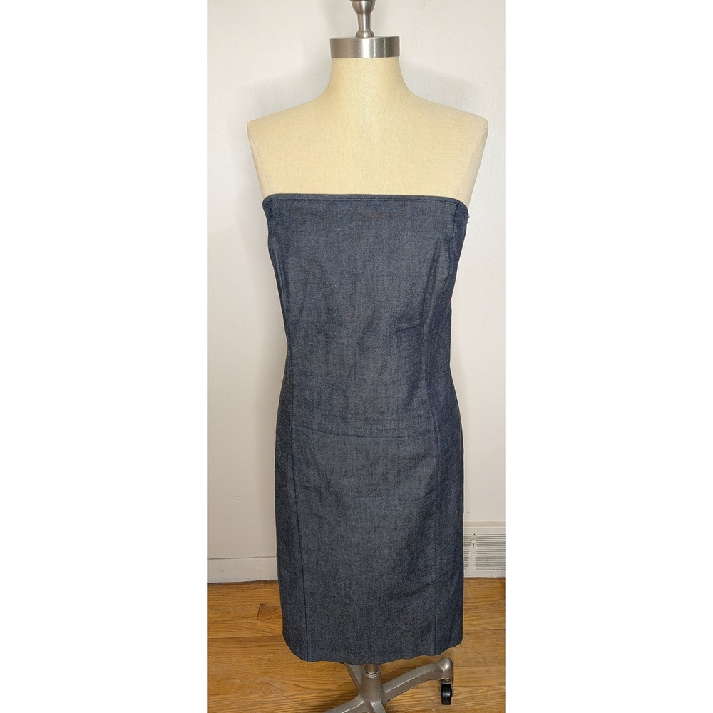 Gap Women Sz 16 Strapless Dark Wash Denim Midi Dress Stretch 100% Cotton Minimal - Picture 2 of 6